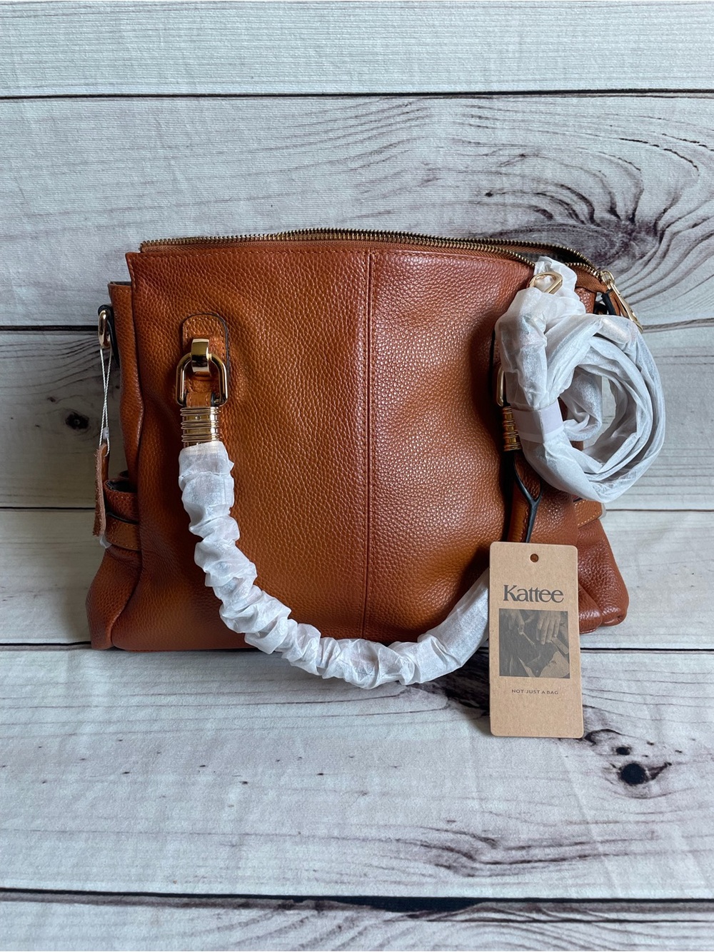 Kattee Large Genuine Leather Satchel Tote Bag - Cognac Brown (NWT)